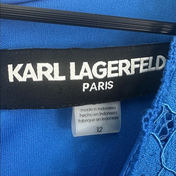 Karl Lagerfeld Paris Blue Lace Sheath Dress V-Neck Flounce Hem NWT $168 Size 12 - Picture 5 of 13